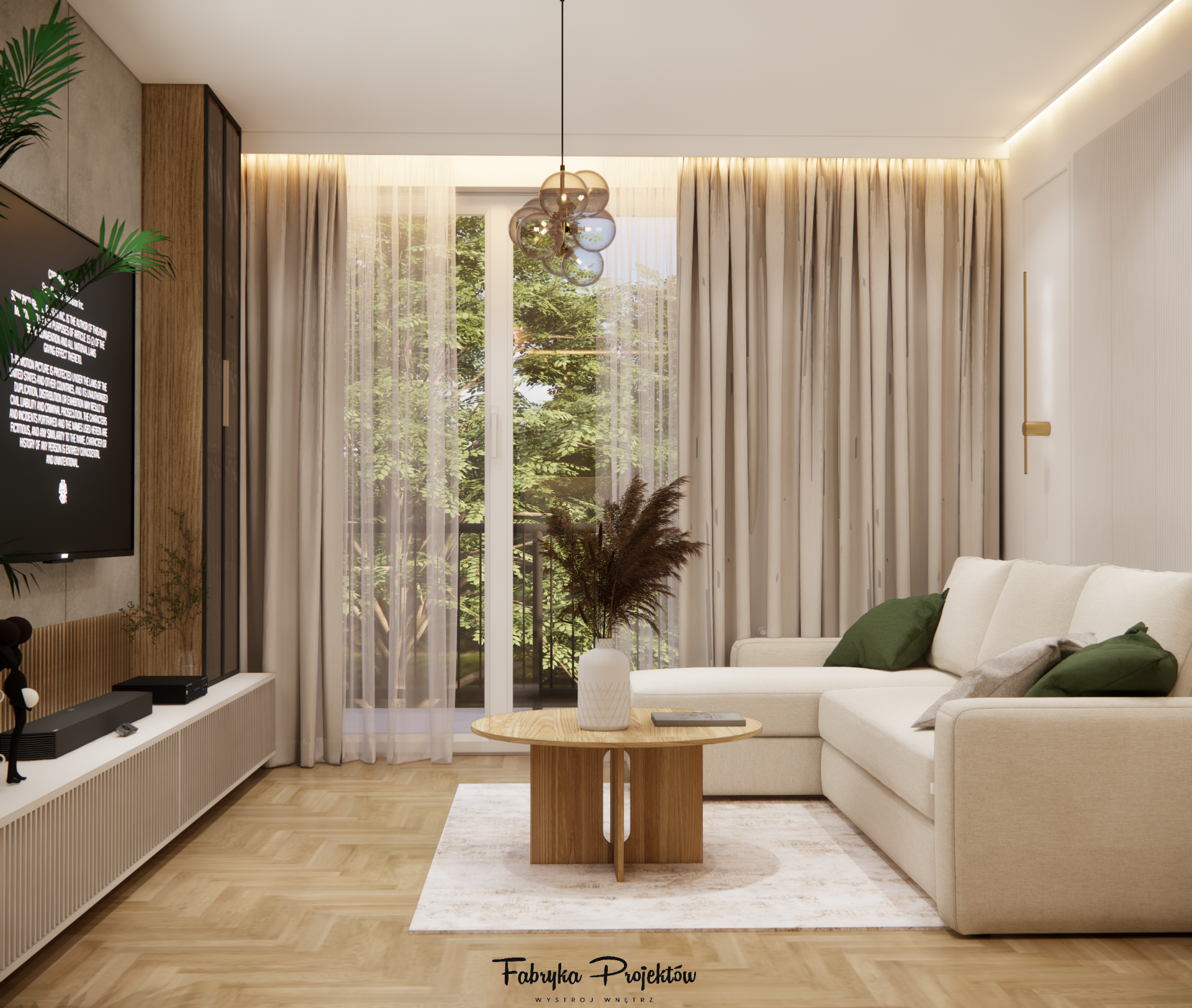 Szeroki widok salonu: kanapa, stolik i duże przeszklenie; strefa RTV po lewej.